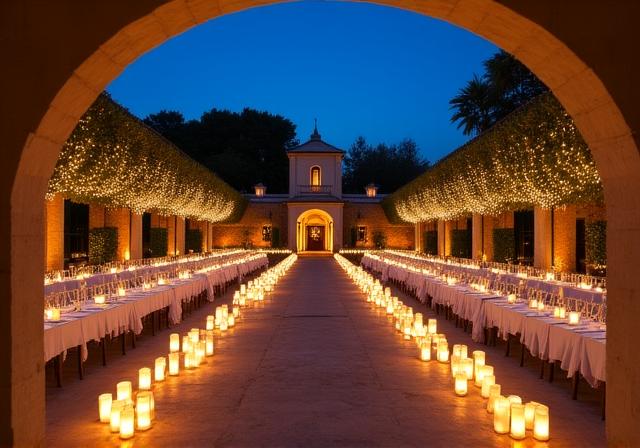 Celebrazione privata lussuosa in una villa storica illuminata da candele