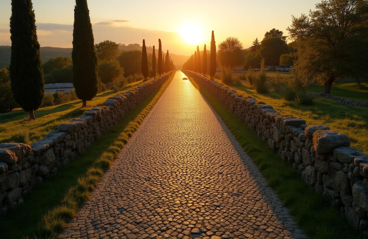 Antica strada romana al tramonto